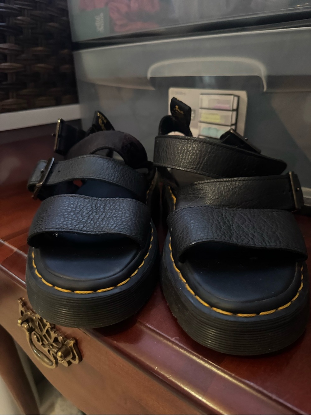 Dr. Martens Black Leather Platform Sandals with Yellow Stitching